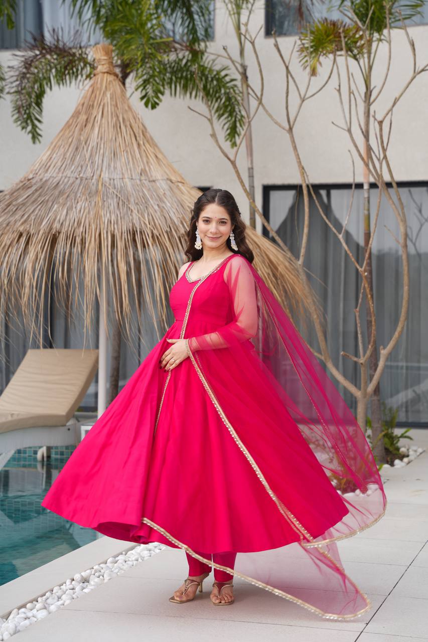 Rani Pink Pure Roman Silk Chanderi Anarkali Suit with Mirror Lace Dupatta