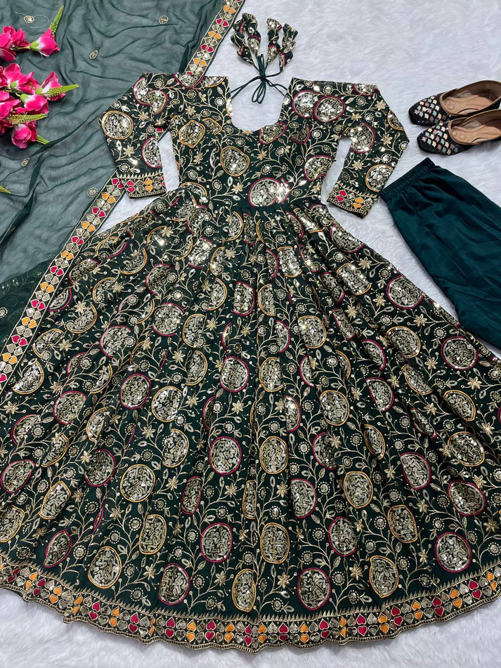 Elegant Heavy Faux Georgette Anarkali Suit with Sequins & Embroidery – 3-Piece Set