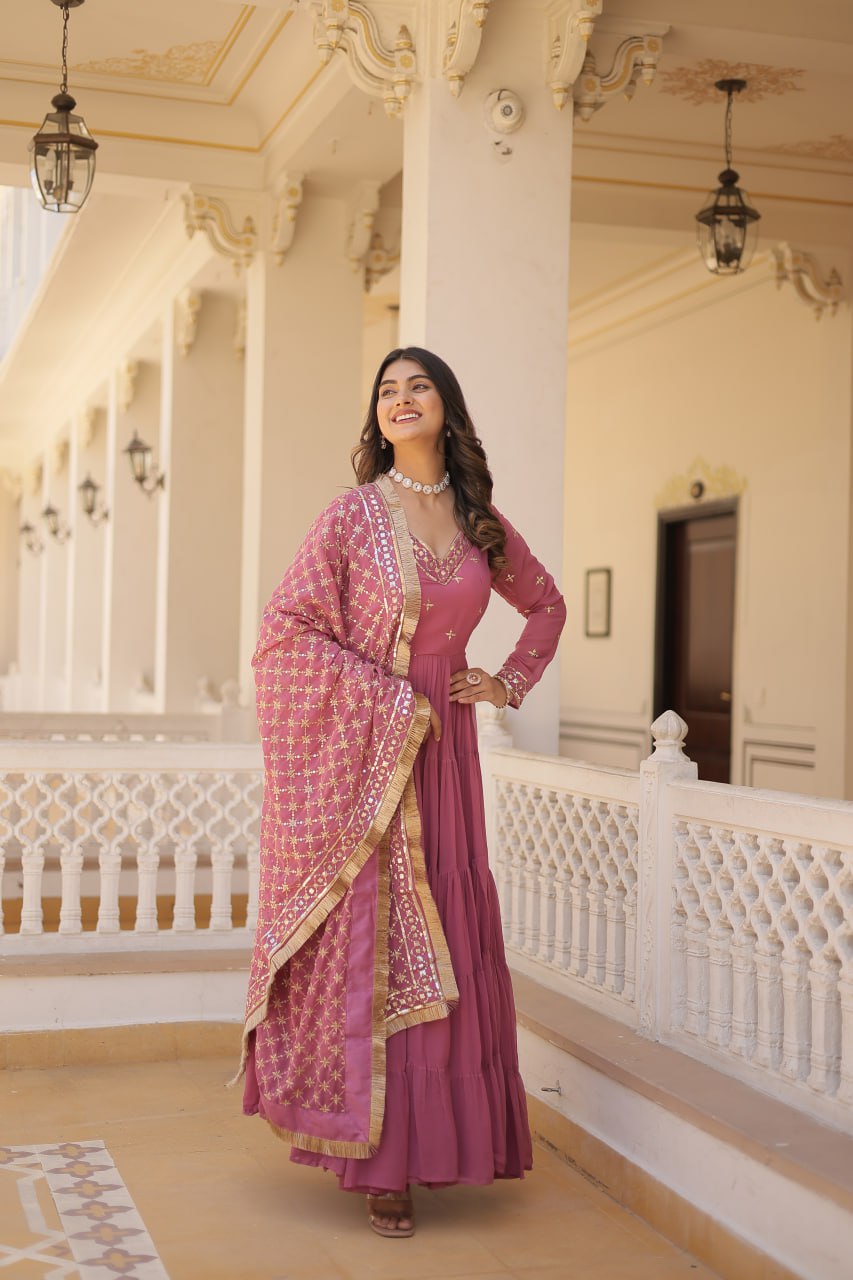 Faux Georgette Anarkali Suit with Embroidery and Frill Detailing