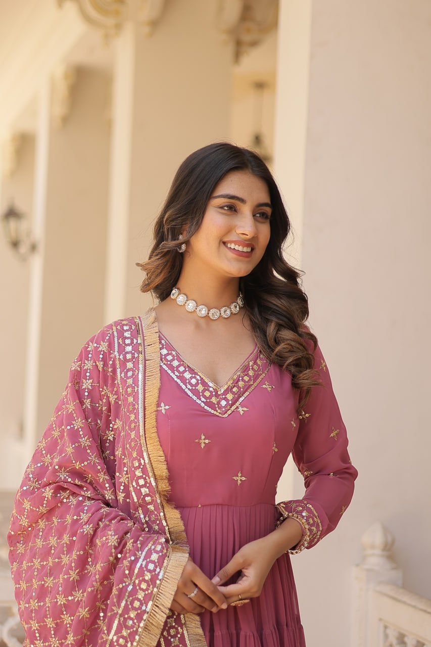 Faux Georgette Anarkali Suit with Embroidery and Frill Detailing