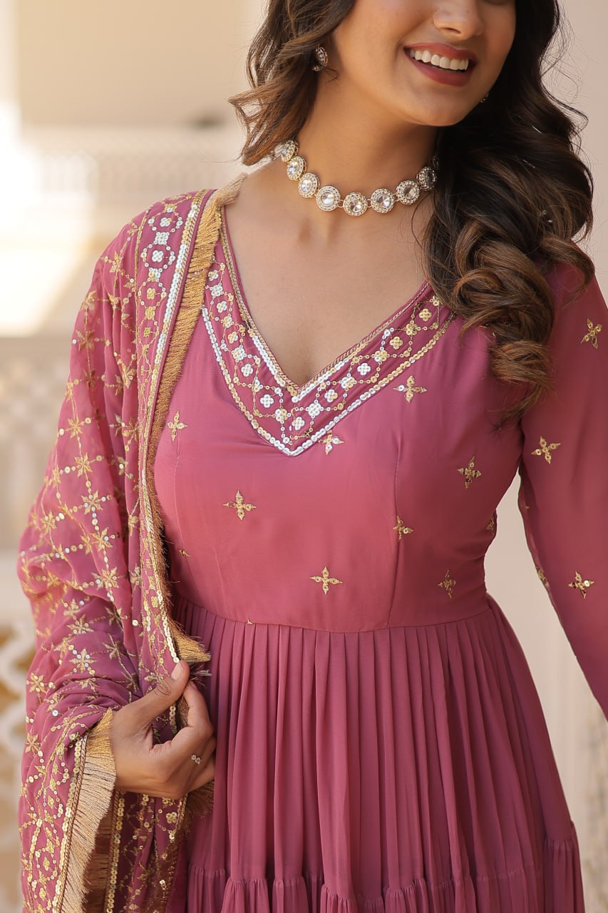 Faux Georgette Anarkali Suit with Embroidery and Frill Detailing