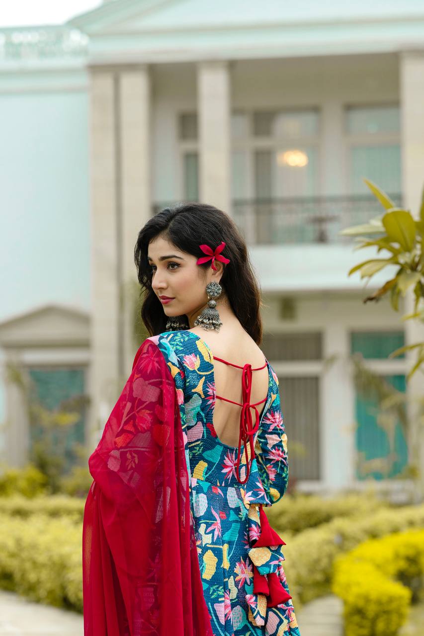 Heavy Pure Maslin Corset Work Printed Suit Set | Secret Pleasure