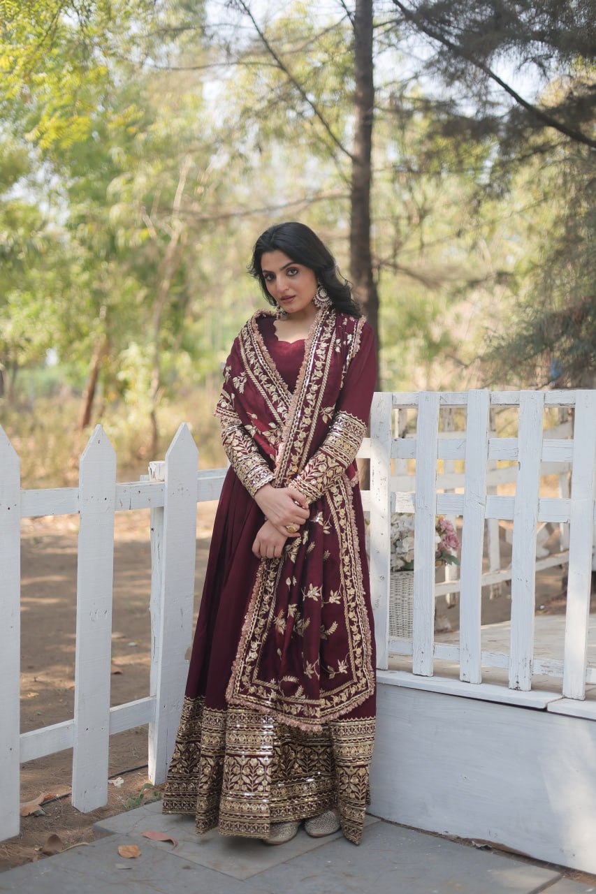 Vichitra Shimmer Kurta Set with Embroidered Dupatta