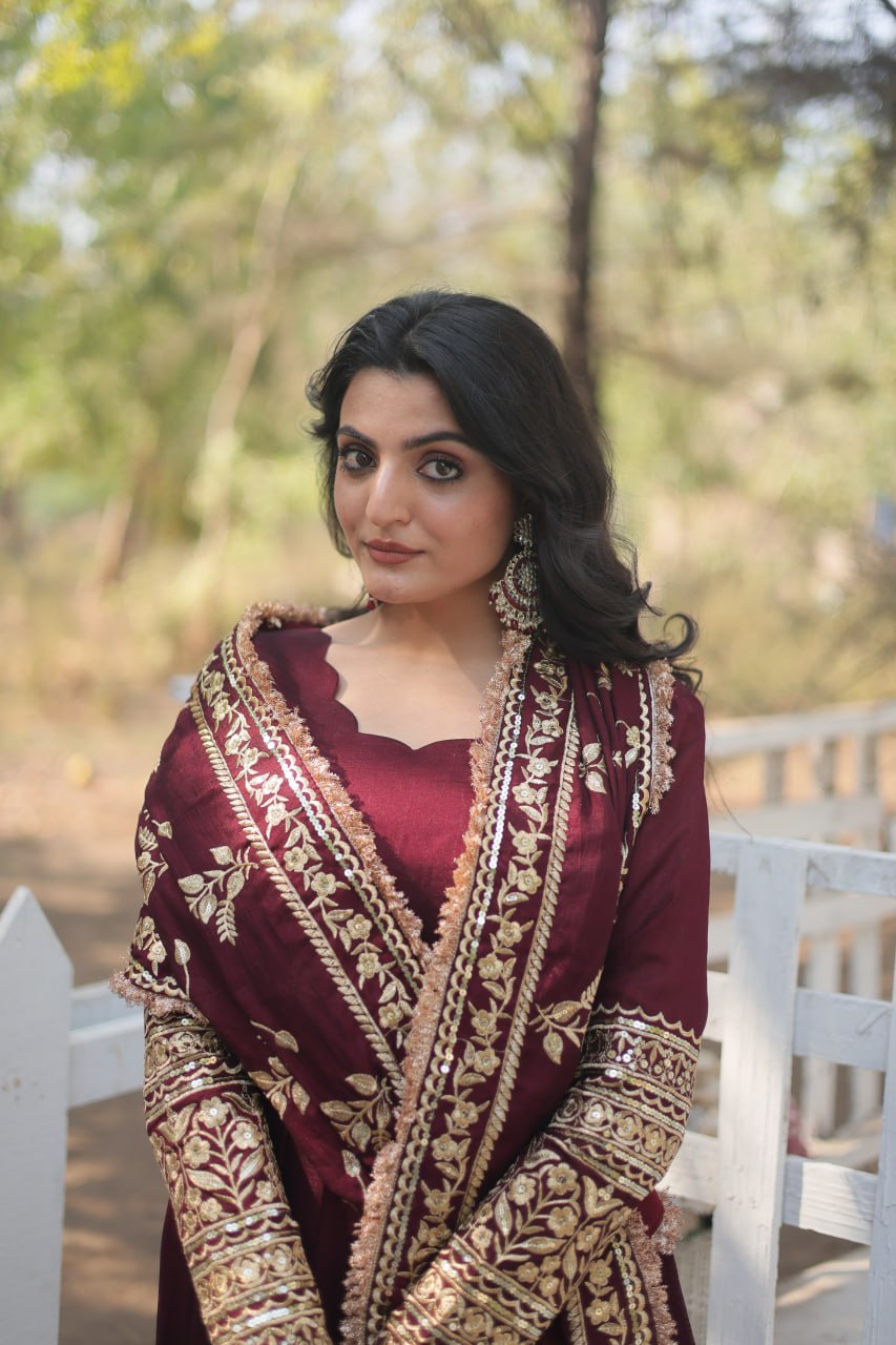 Vichitra Shimmer Kurta Set with Embroidered Dupatta