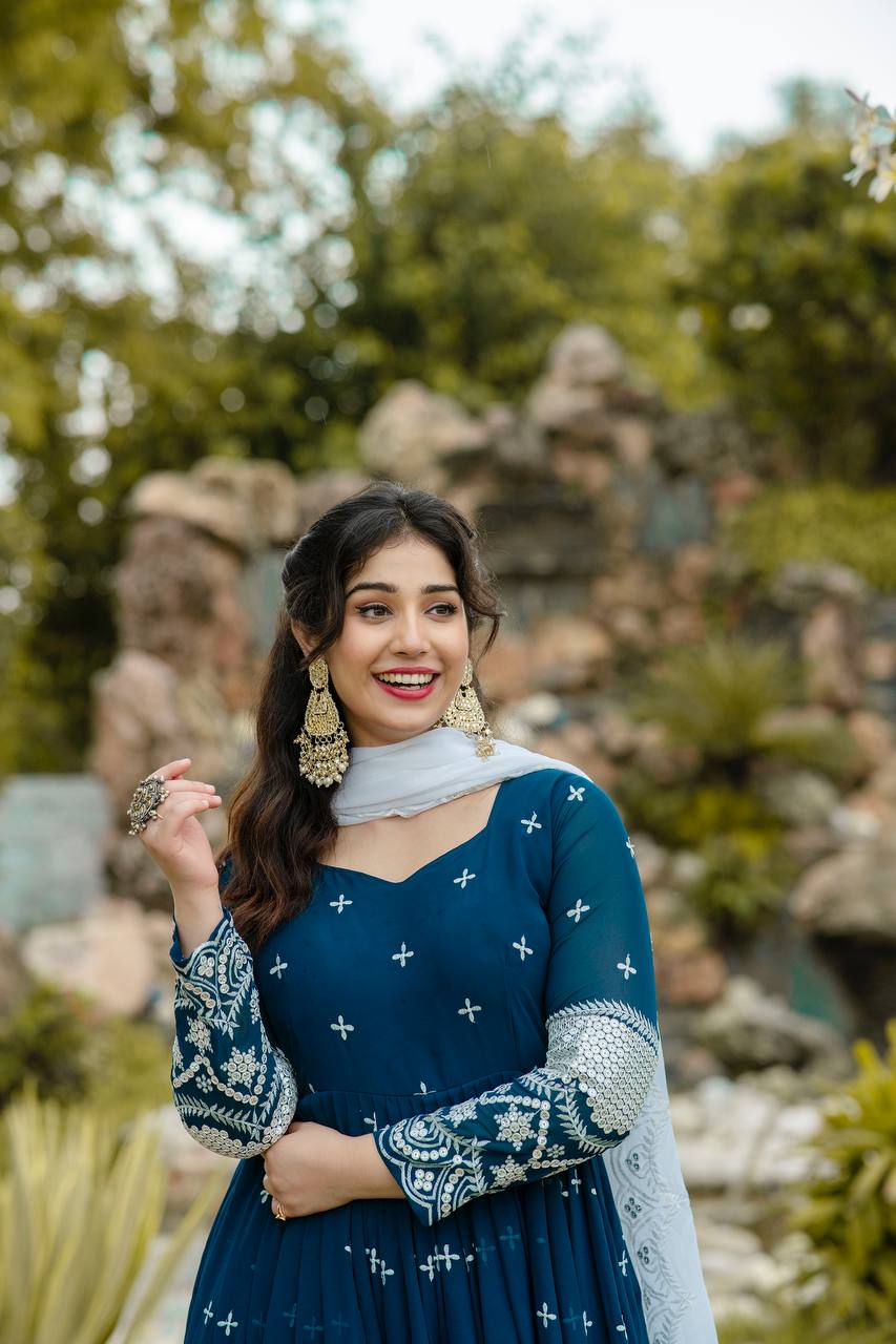 Embroidered Faux Georgette Kurta Set with Dupatta