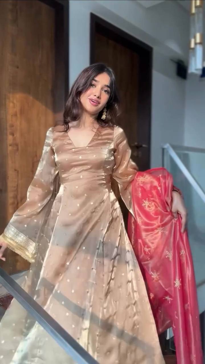 Elegant Crimson Red Jimmy Choo Satin Silk Anarkali Suit with Bell Sleeves & Embroidered Sequence Work