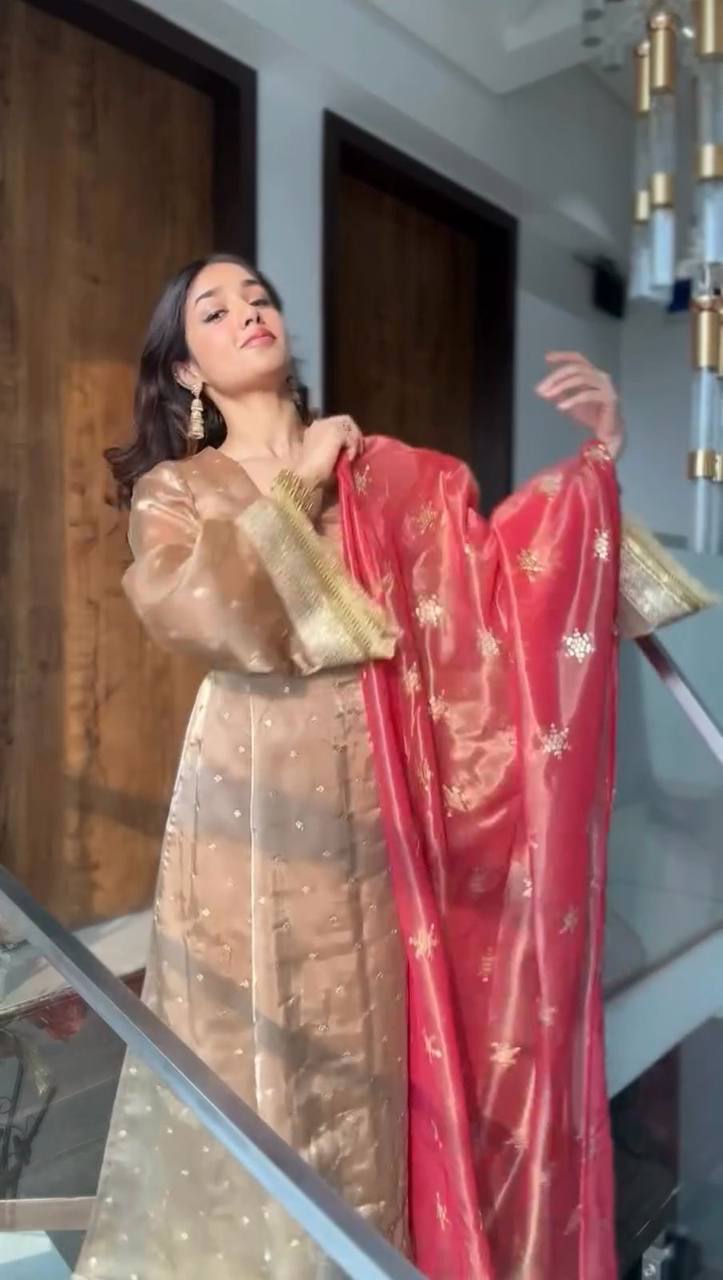 Elegant Crimson Red Jimmy Choo Satin Silk Anarkali Suit with Bell Sleeves & Embroidered Sequence Work