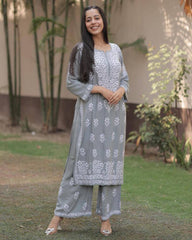 New Chikankari Exclusive Kurti_Pent Pair Design(Greay) 27