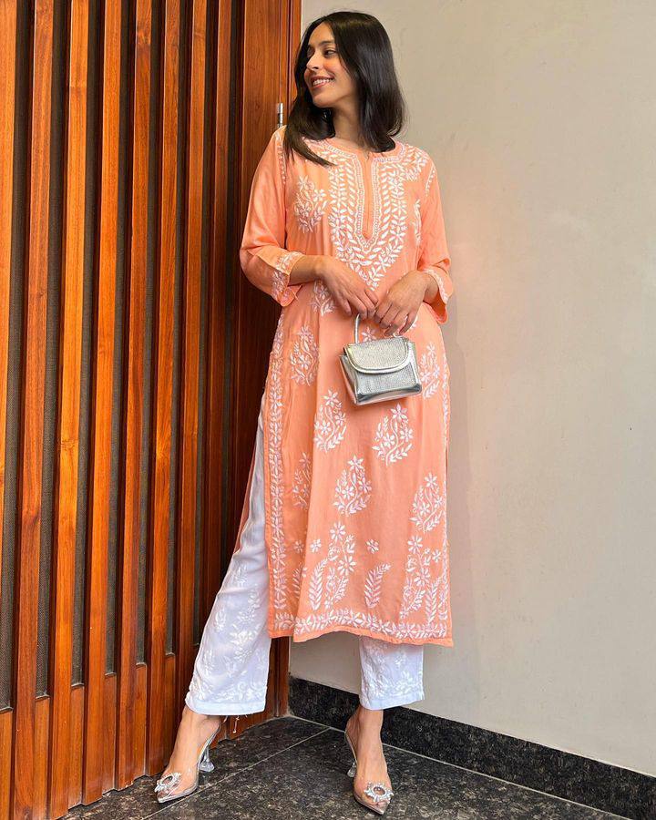 WOMEN CHIKAN EMBROIDERY Kurti_Pent Pair Design (Peach) 57