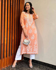 WOMEN CHIKAN EMBROIDERY Kurti_Pent Pair Design (Peach) 57