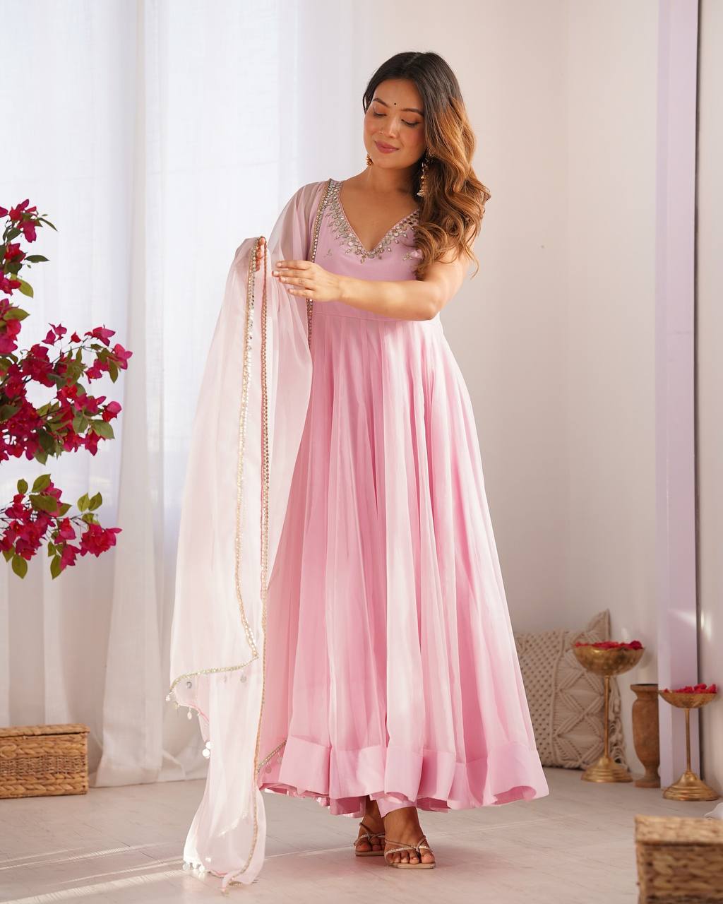 Elegant Baby Pink Georgette Three-Piece Anarkali Suit with Mirror Work