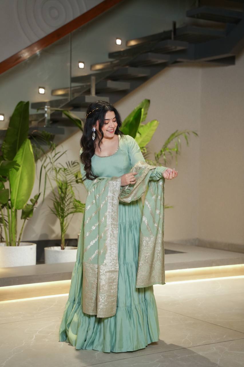 Pista Green Pure Chanderi Silk Anarkali Suit with 9-Meter Frill Flair – 3-Piece Set
