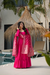 Rani Pink Pure Chanderi Silk Anarkali Suit with Elegant Frill Flair