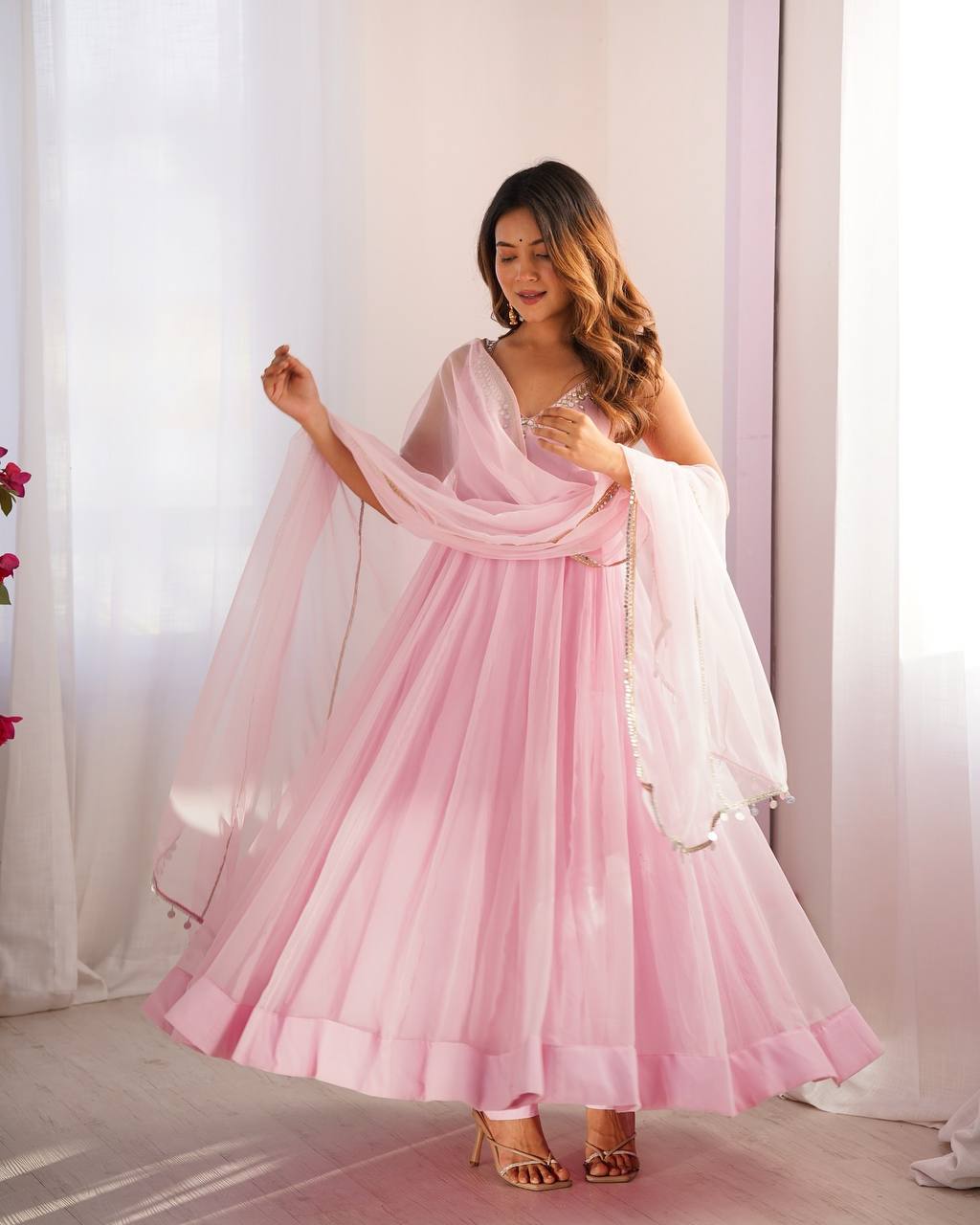 Elegant Baby Pink Georgette Three-Piece Anarkali Suit with Mirror Work