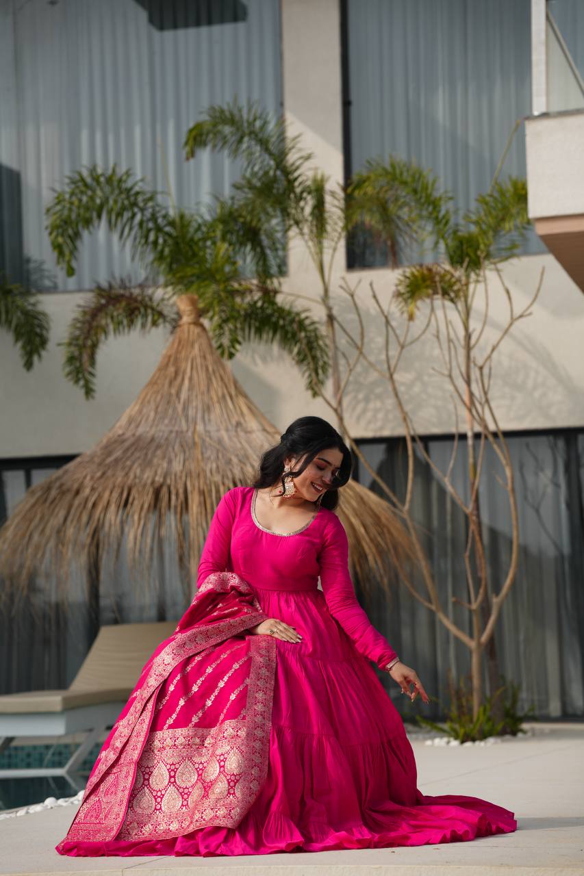 Rani Pink Pure Chanderi Silk Anarkali Suit with Elegant Frill Flair