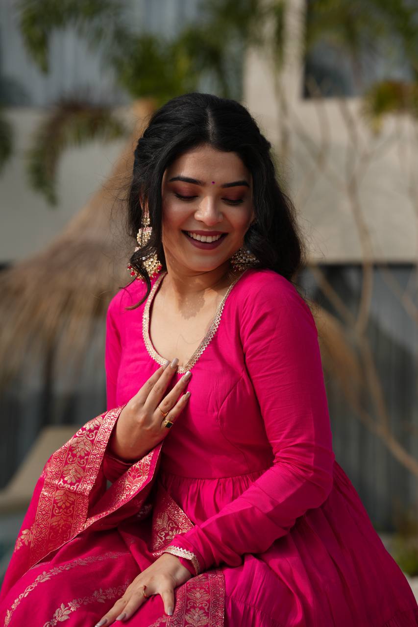 Rani Pink Pure Chanderi Silk Anarkali Suit with Elegant Frill Flair