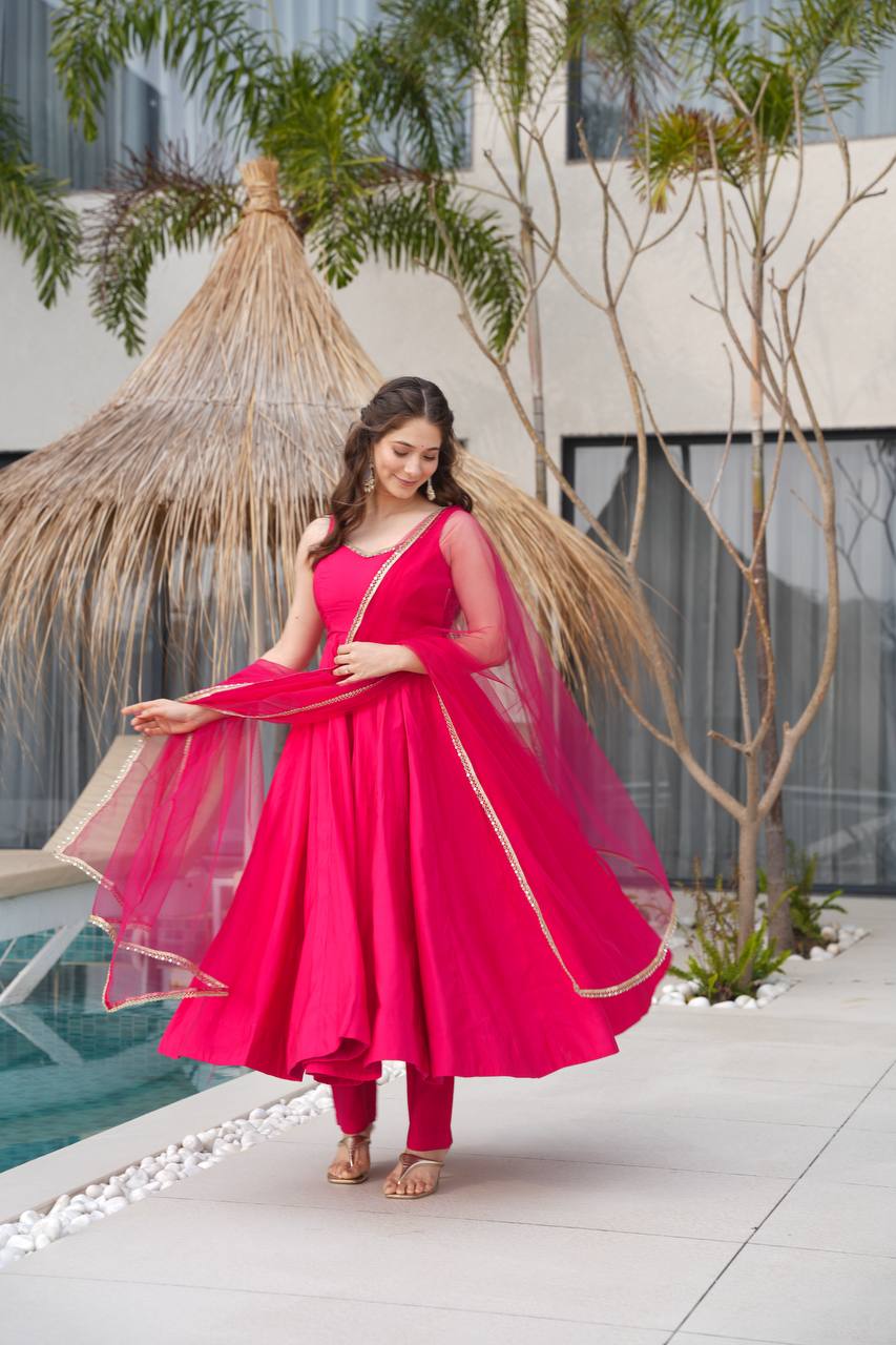 Rani Pink Pure Roman Silk Chanderi Anarkali Suit with Mirror Lace Dupatta