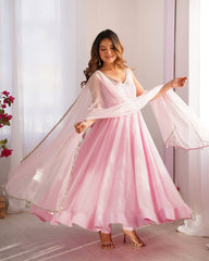 Elegant Baby Pink Georgette Three-Piece Anarkali Suit with Mirror Work