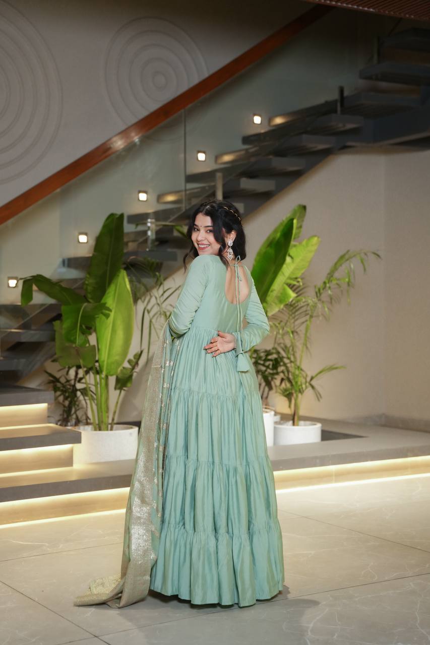 Pista Green Pure Chanderi Silk Anarkali Suit with 9-Meter Frill Flair – 3-Piece Set