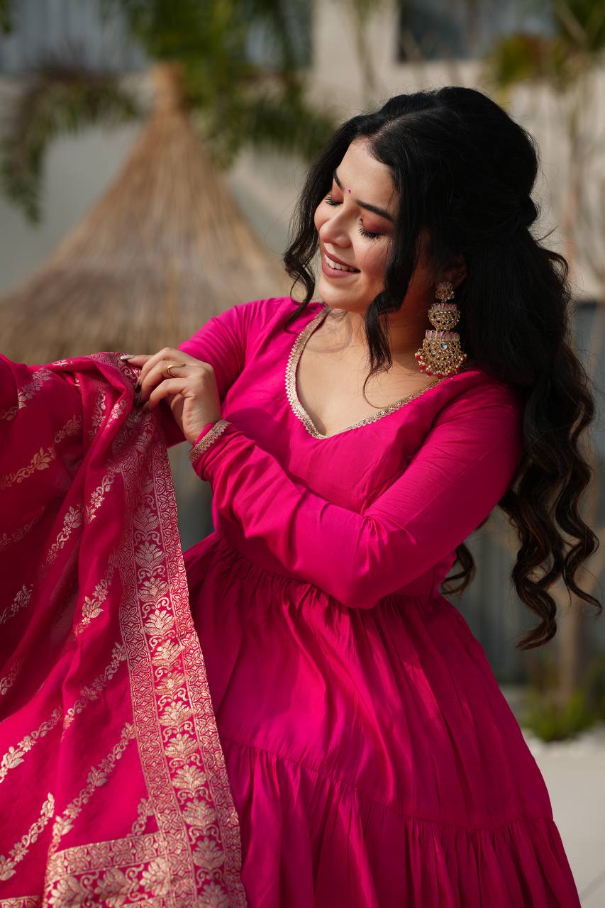 Rani Pink Pure Chanderi Silk Anarkali Suit with Elegant Frill Flair