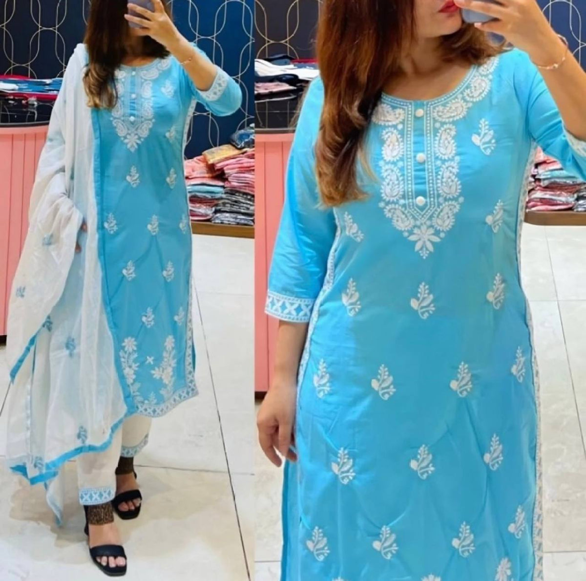 Exclusive Chikankari Kurti_Pant Set With Dupatta (Blue )05
