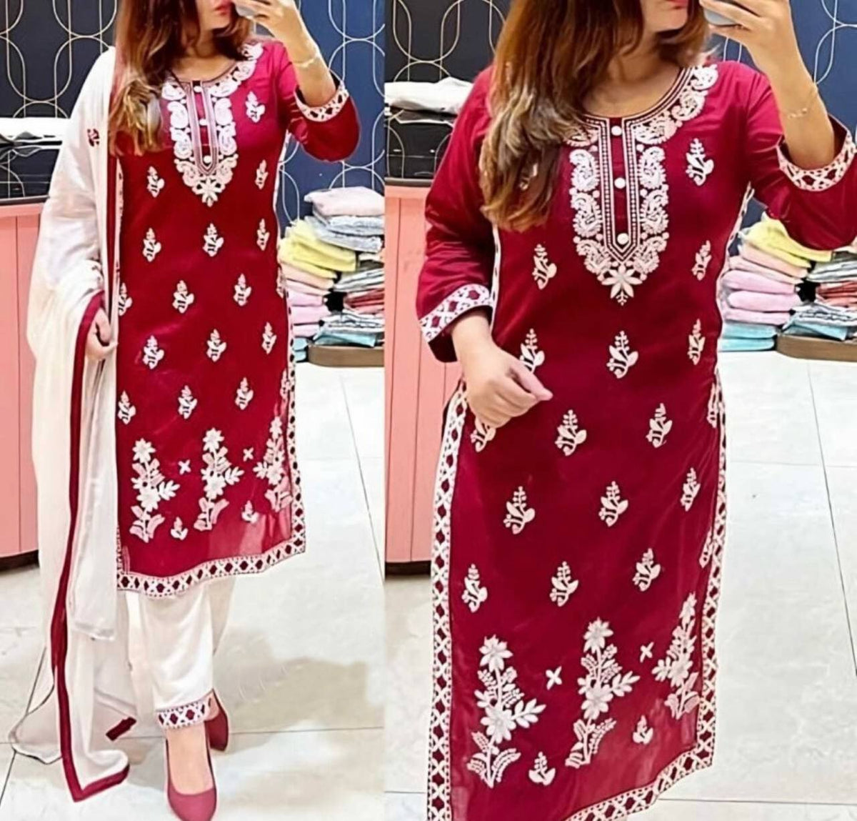 Exclusive Chikankari Kurti_Pant Set With Dupatta (Maroon )08