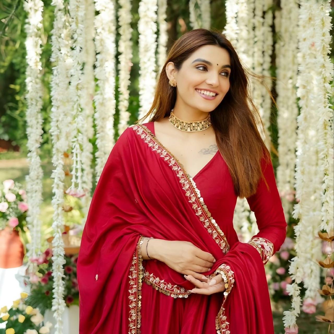 Elegant Roman Silk Anarkali Suit with Heavy Embroidery & Sequins – 3-Piece Set