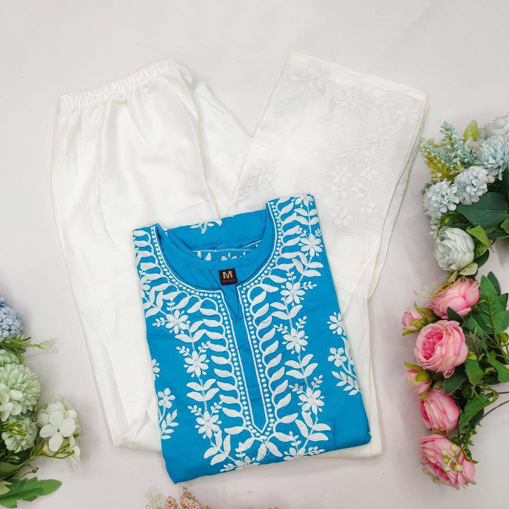 WOMEN CHIKAN EMBROIDERY Kurti_Pent Pair Design (Sky Blue) 59