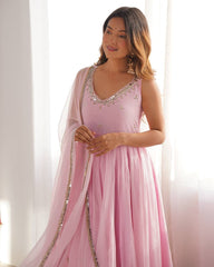 Elegant Baby Pink Georgette Three-Piece Anarkali Suit with Mirror Work