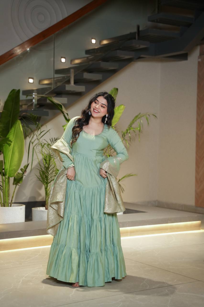 Pista Green Pure Chanderi Silk Anarkali Suit with 9-Meter Frill Flair – 3-Piece Set