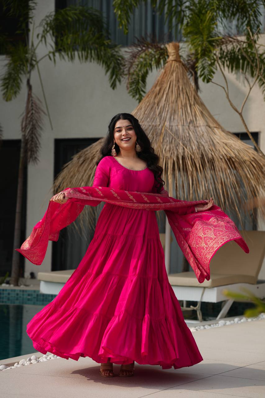 Rani Pink Pure Chanderi Silk Anarkali Suit with Elegant Frill Flair