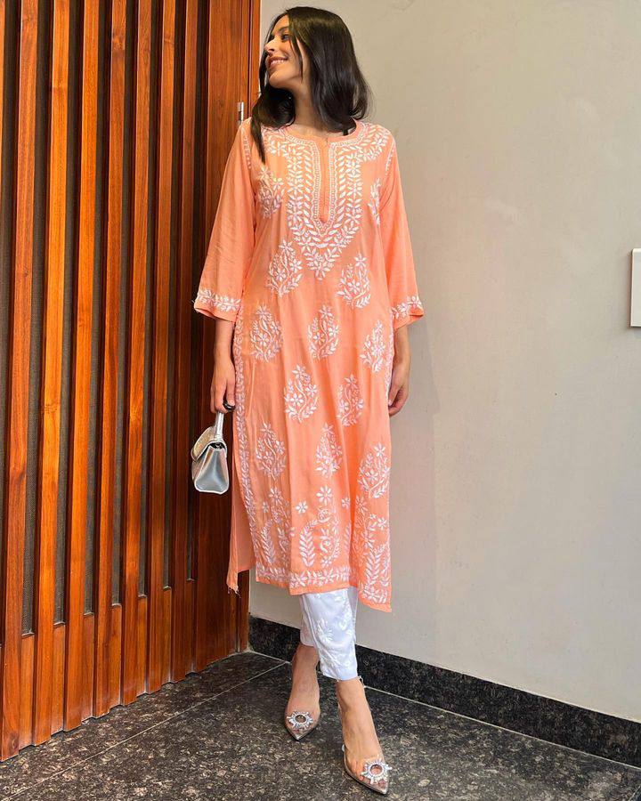 WOMEN CHIKAN EMBROIDERY Kurti_Pent Pair Design (Peach) 57