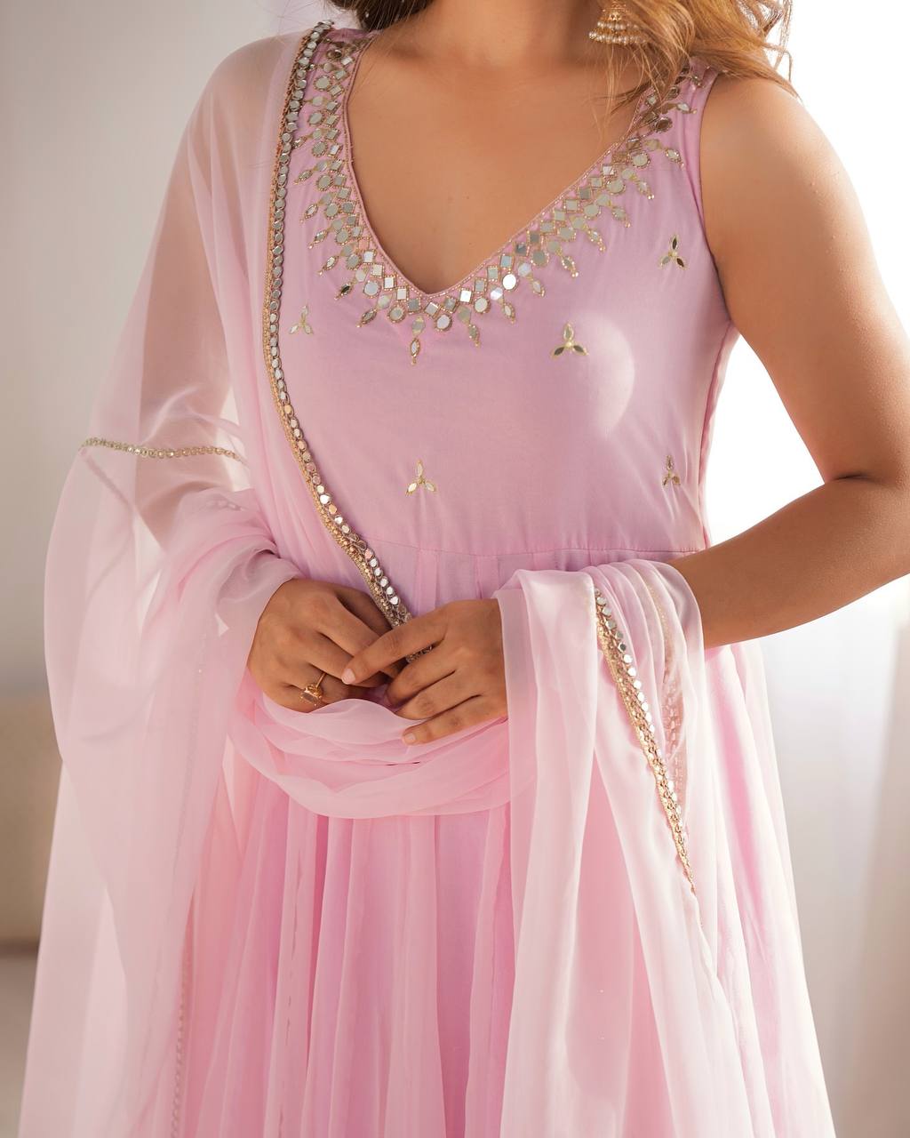 Elegant Baby Pink Georgette Three-Piece Anarkali Suit with Mirror Work