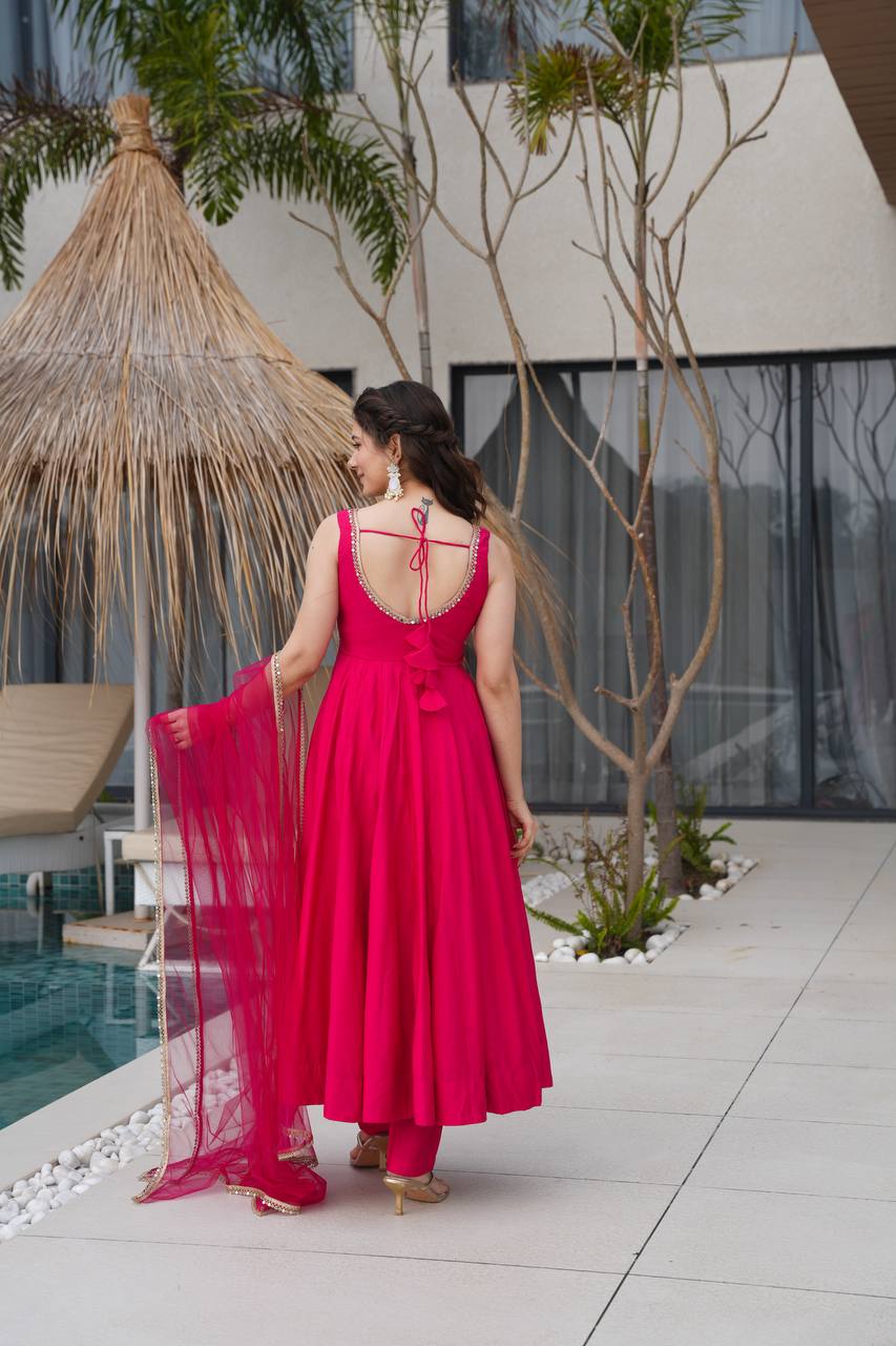 Rani Pink Pure Roman Silk Chanderi Anarkali Suit with Mirror Lace Dupatta