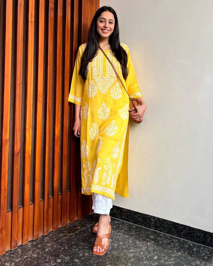 WOMEN CHIKAN EMBROIDERY Kurti_Pent Pair Design (Yellow)60