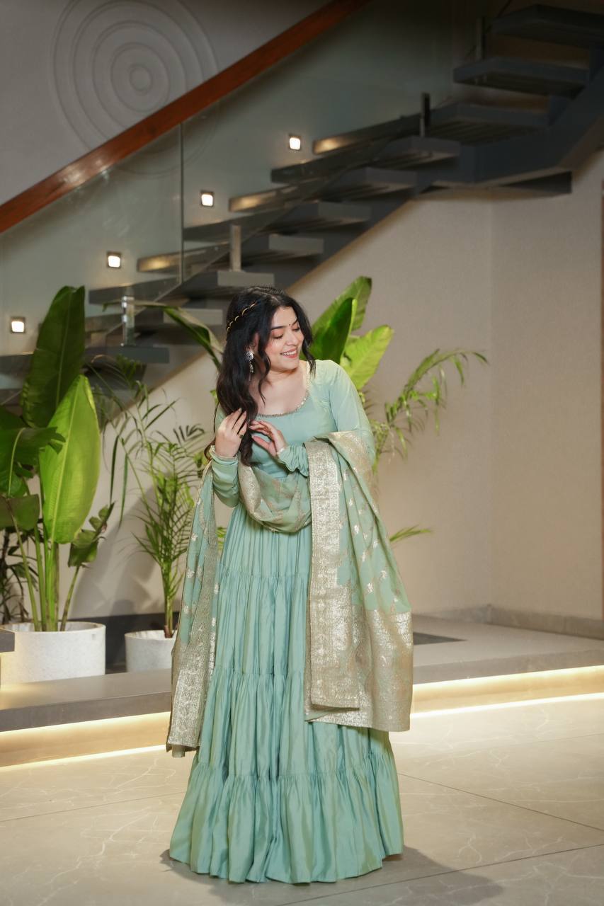 Pista Green Pure Chanderi Silk Anarkali Suit with 9-Meter Frill Flair – 3-Piece Set