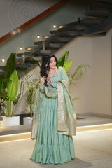 Pista Green Pure Chanderi Silk Anarkali Suit with 9-Meter Frill Flair – 3-Piece Set