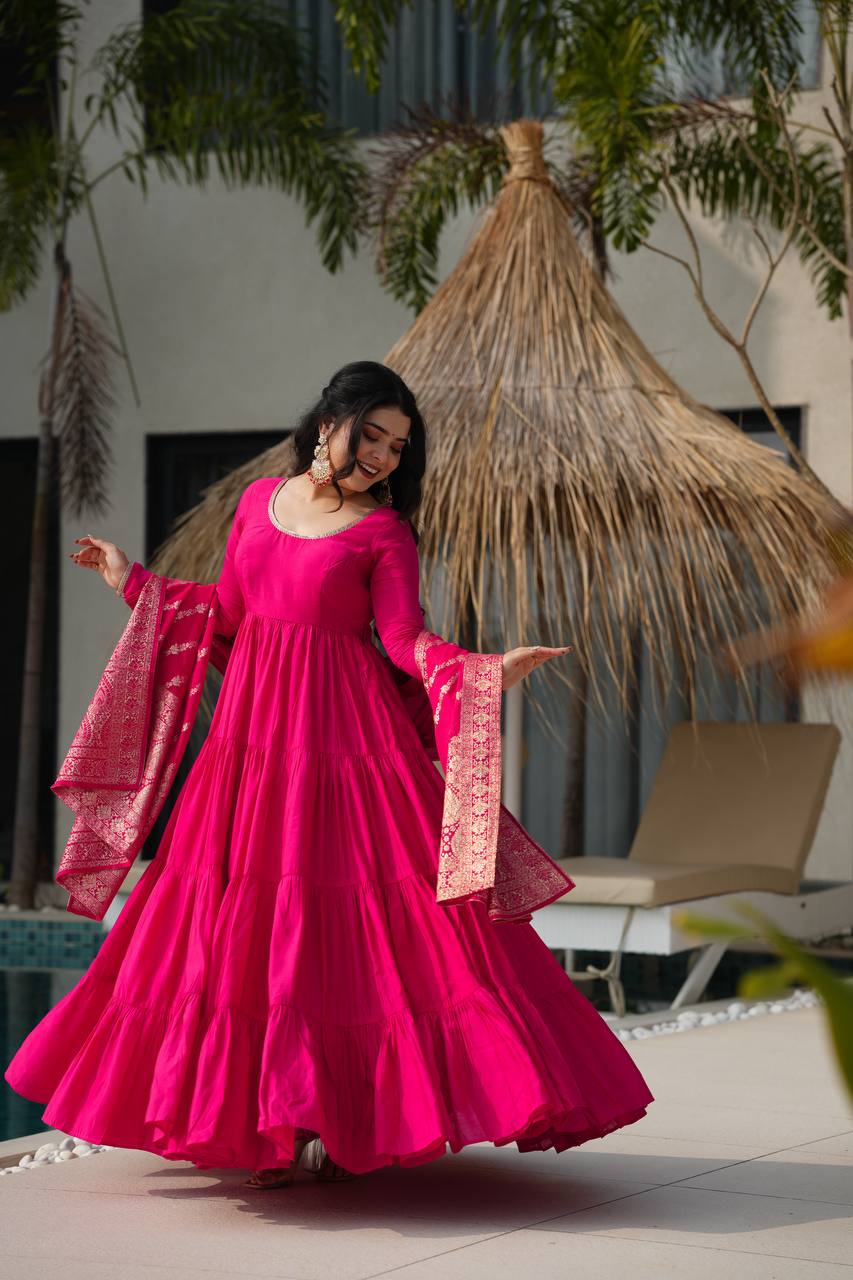 Rani Pink Pure Chanderi Silk Anarkali Suit with Elegant Frill Flair