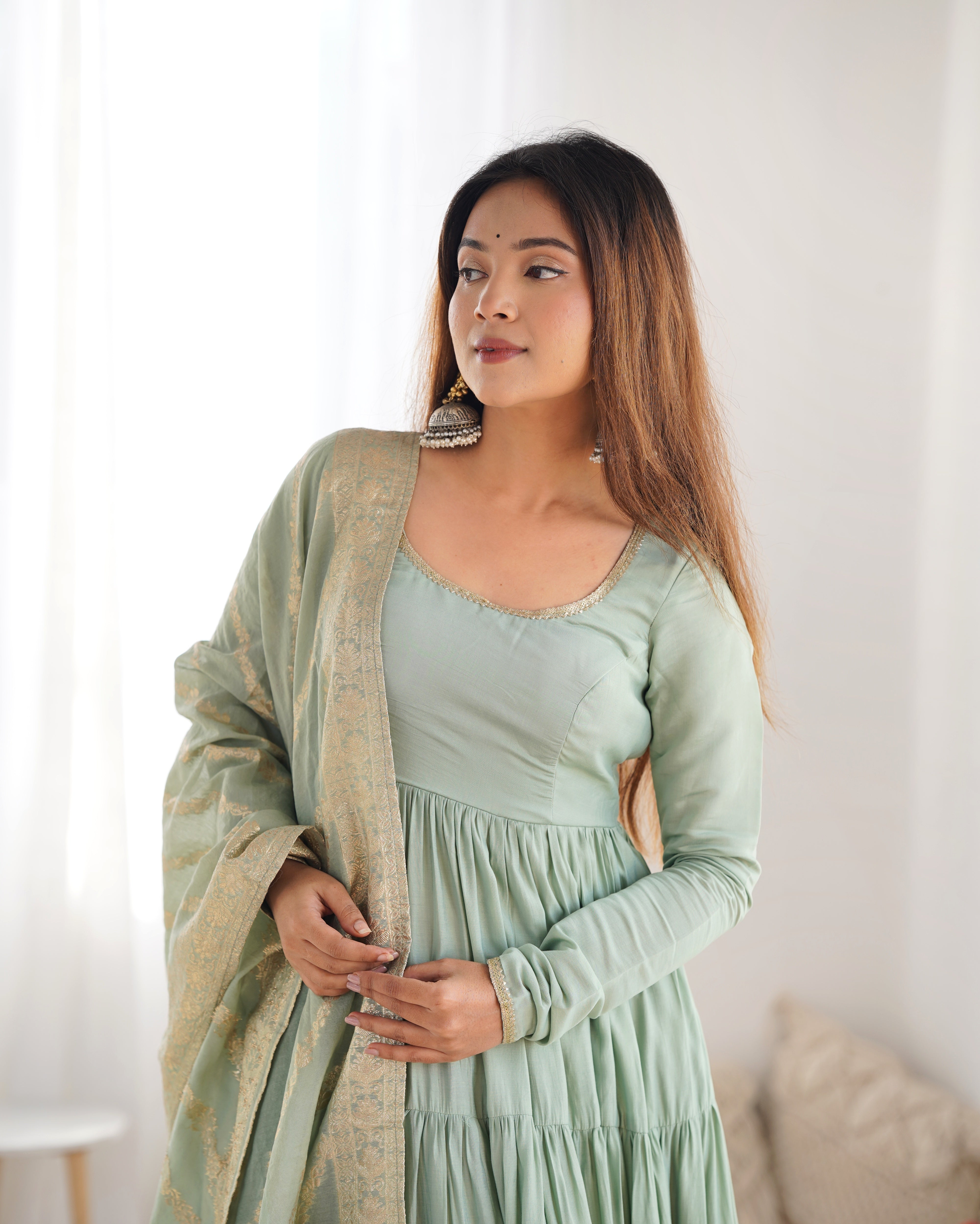 Elegant Pista Green Roman Silk Ruffle Anarkali Suit – Three-Piece Festive Ensemble