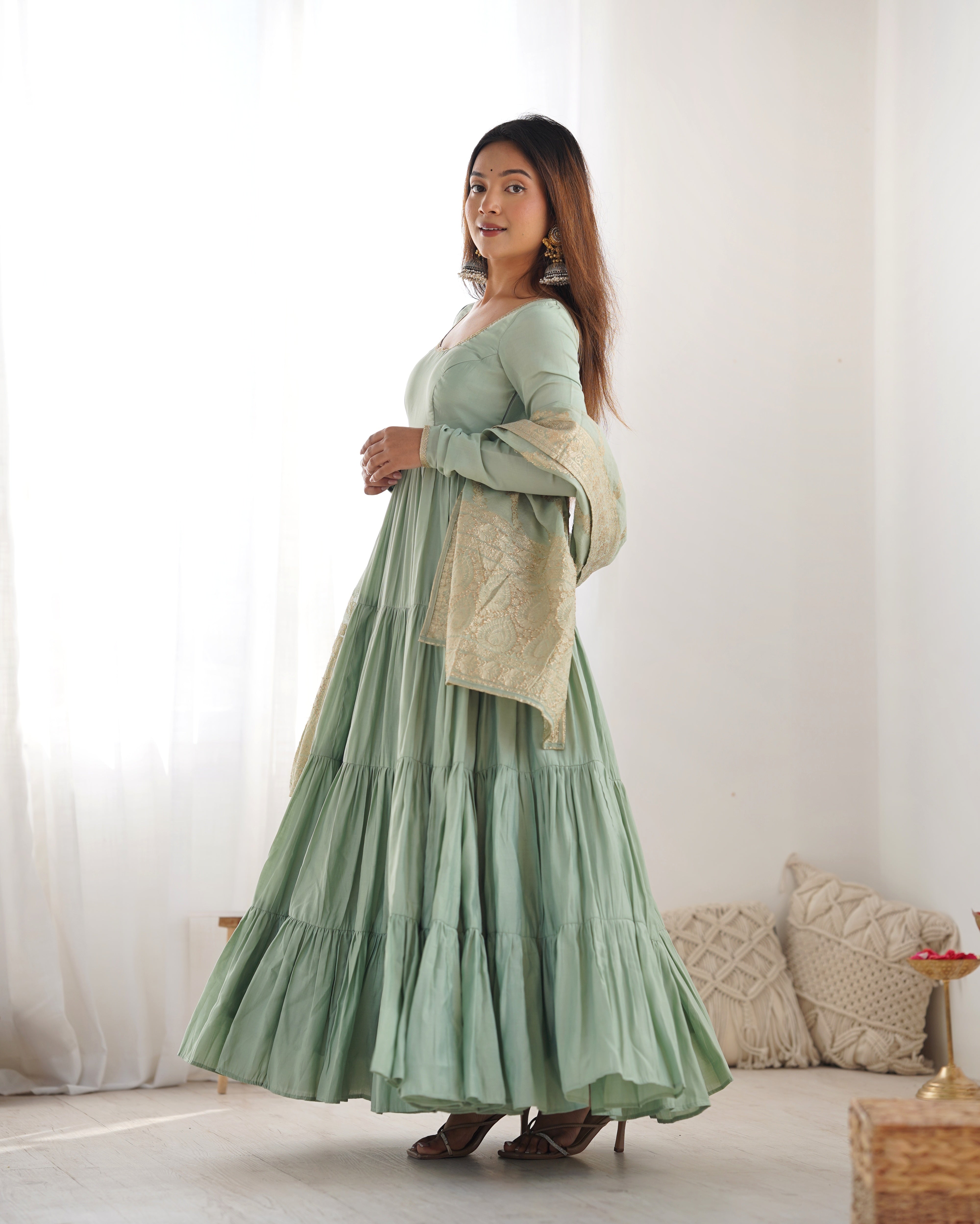 Elegant Pista Green Roman Silk Ruffle Anarkali Suit – Three-Piece Festive Ensemble