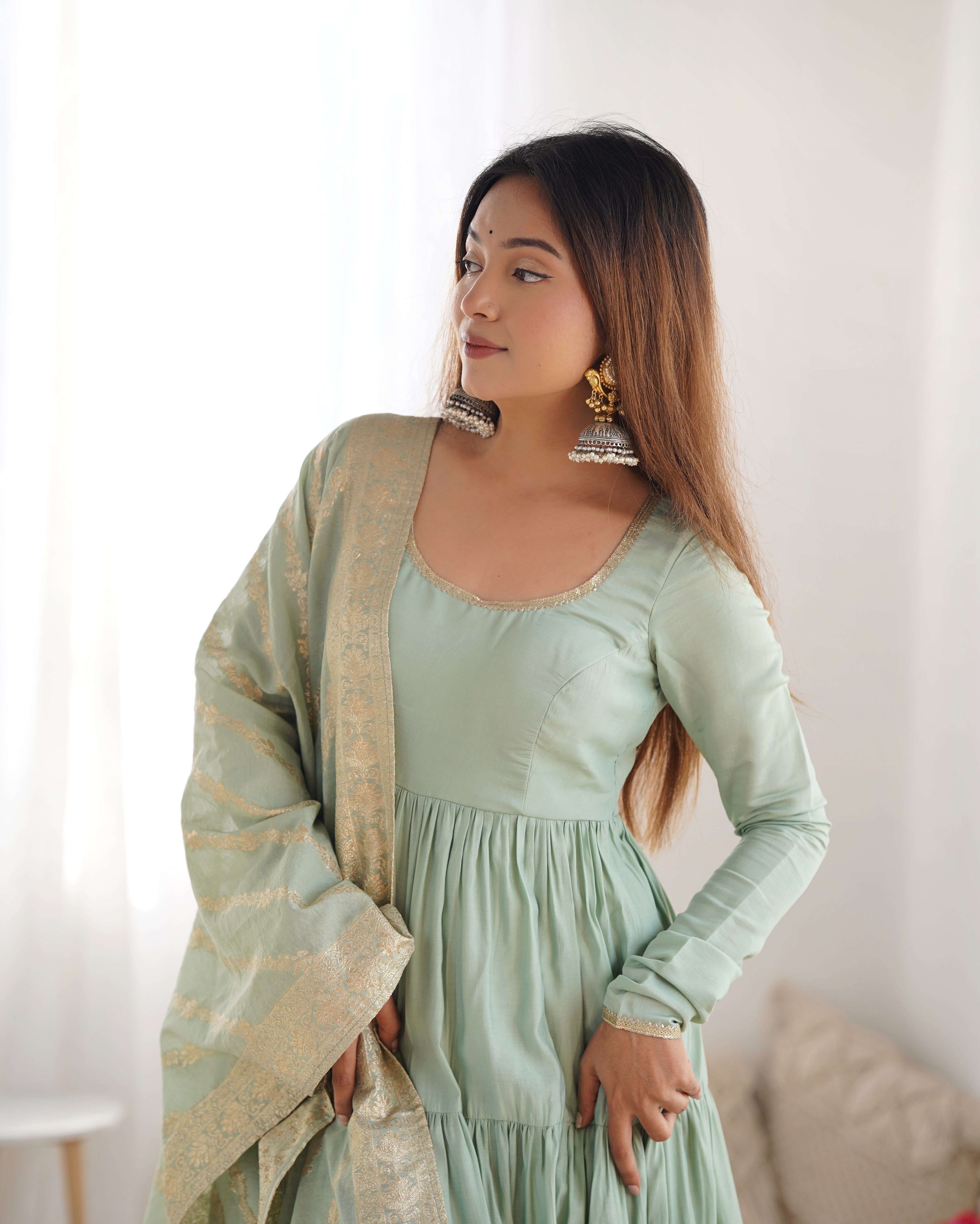 Elegant Pista Green Roman Silk Ruffle Anarkali Suit – Three-Piece Festive Ensemble