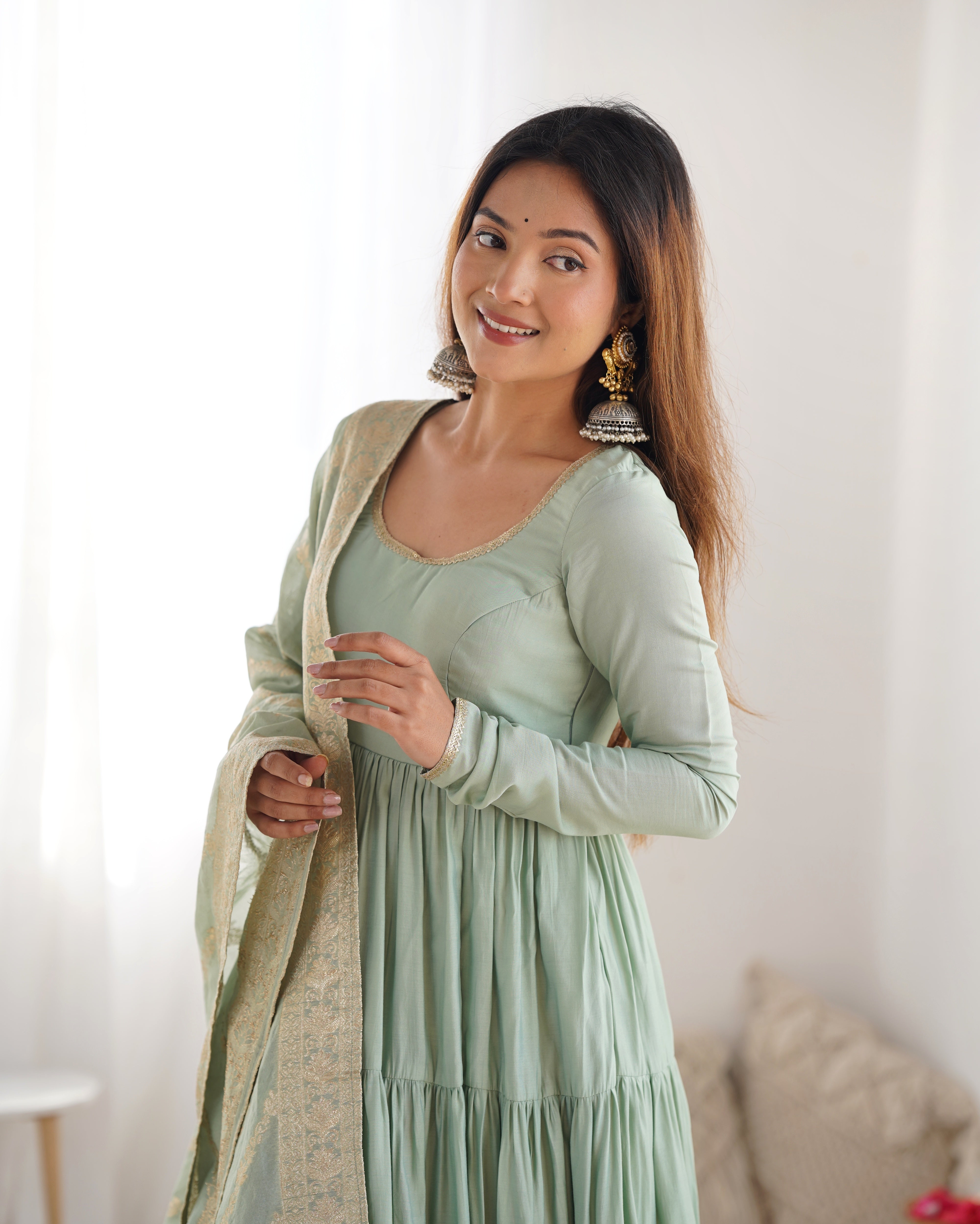 Elegant Pista Green Roman Silk Ruffle Anarkali Suit – Three-Piece Festive Ensemble