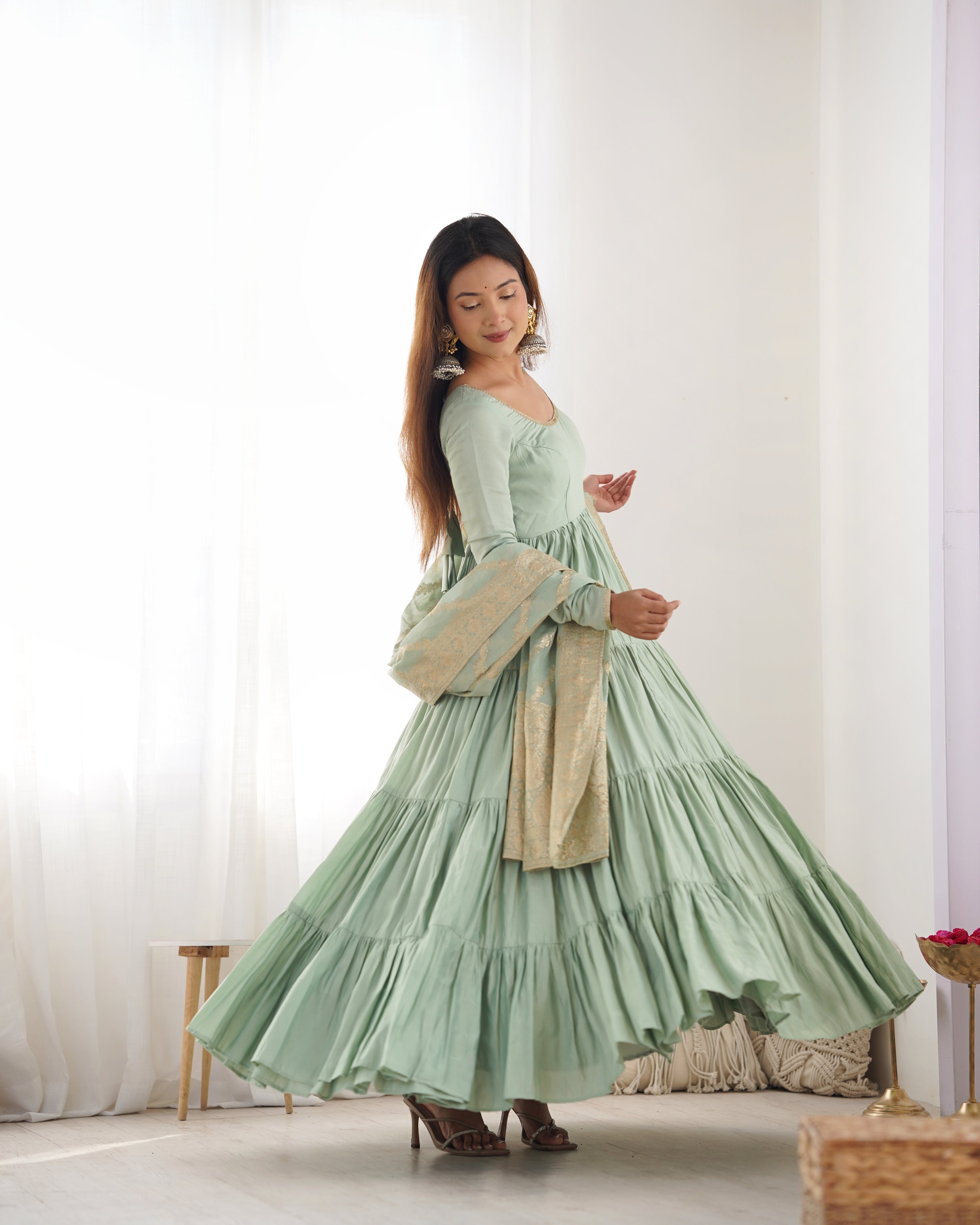 Elegant Pista Green Roman Silk Ruffle Anarkali Suit – Three-Piece Festive Ensemble
