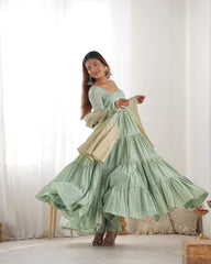 Elegant Pista Green Roman Silk Ruffle Anarkali Suit – Three-Piece Festive Ensemble
