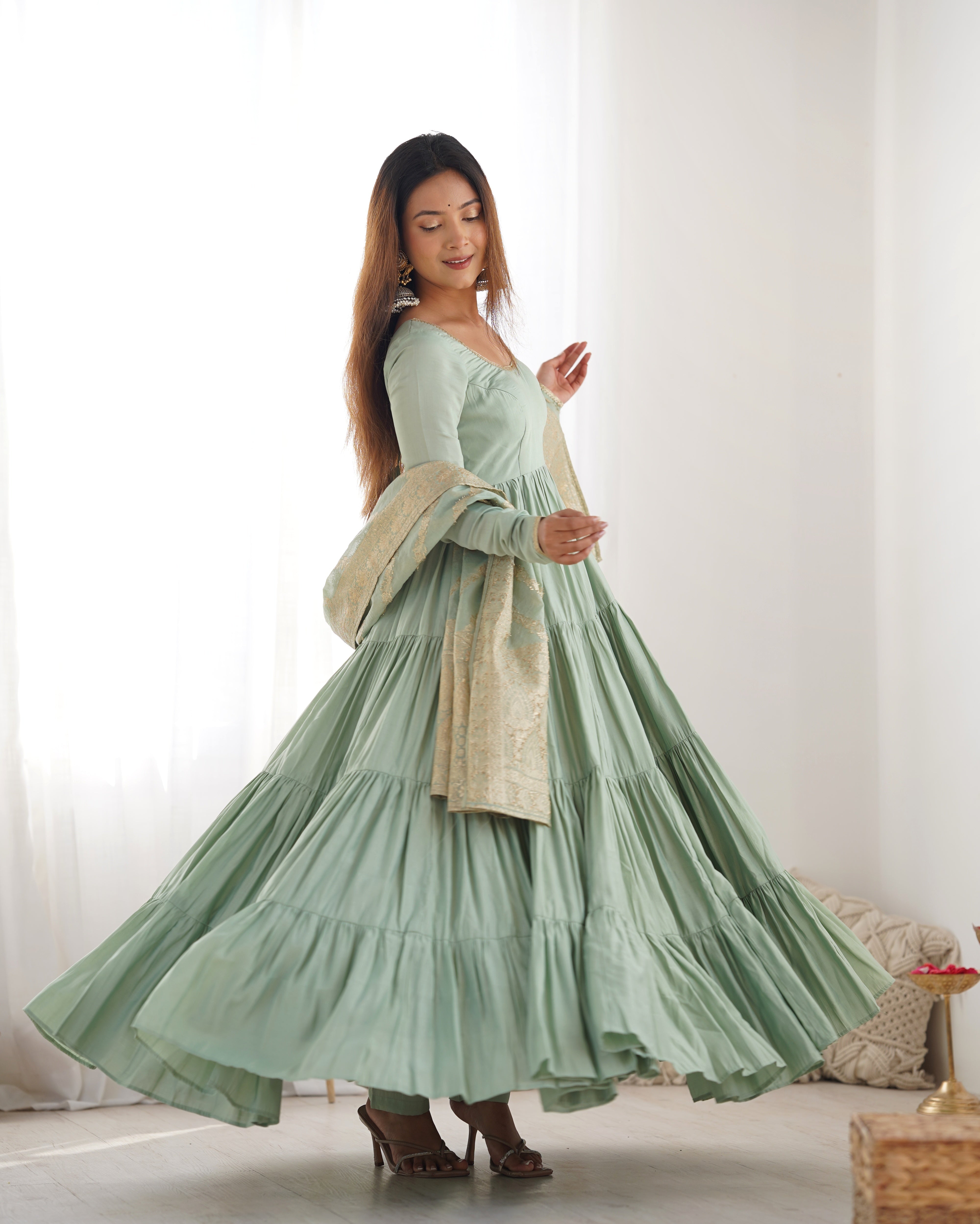 Elegant Pista Green Roman Silk Ruffle Anarkali Suit – Three-Piece Festive Ensemble