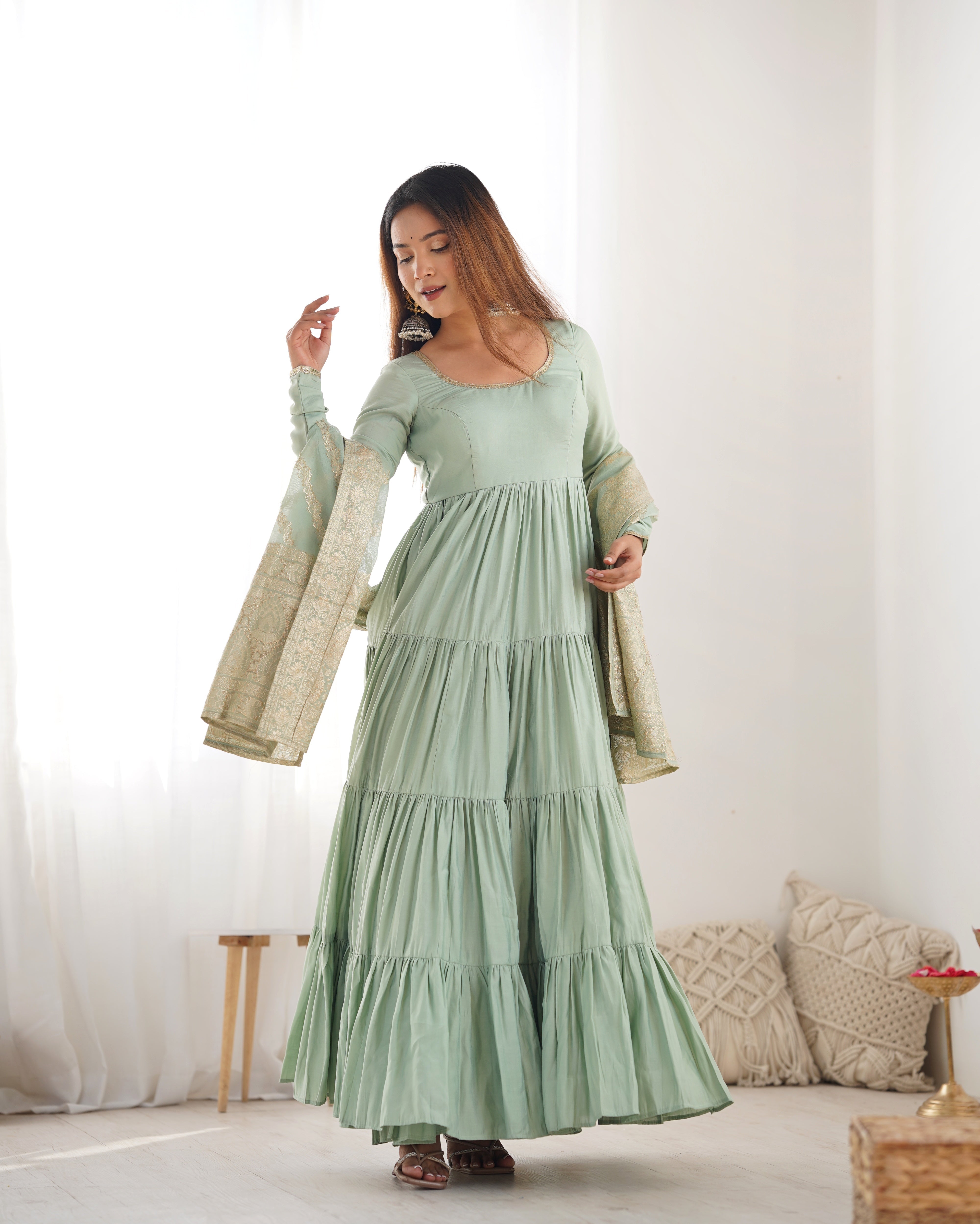 Elegant Pista Green Roman Silk Ruffle Anarkali Suit – Three-Piece Festive Ensemble
