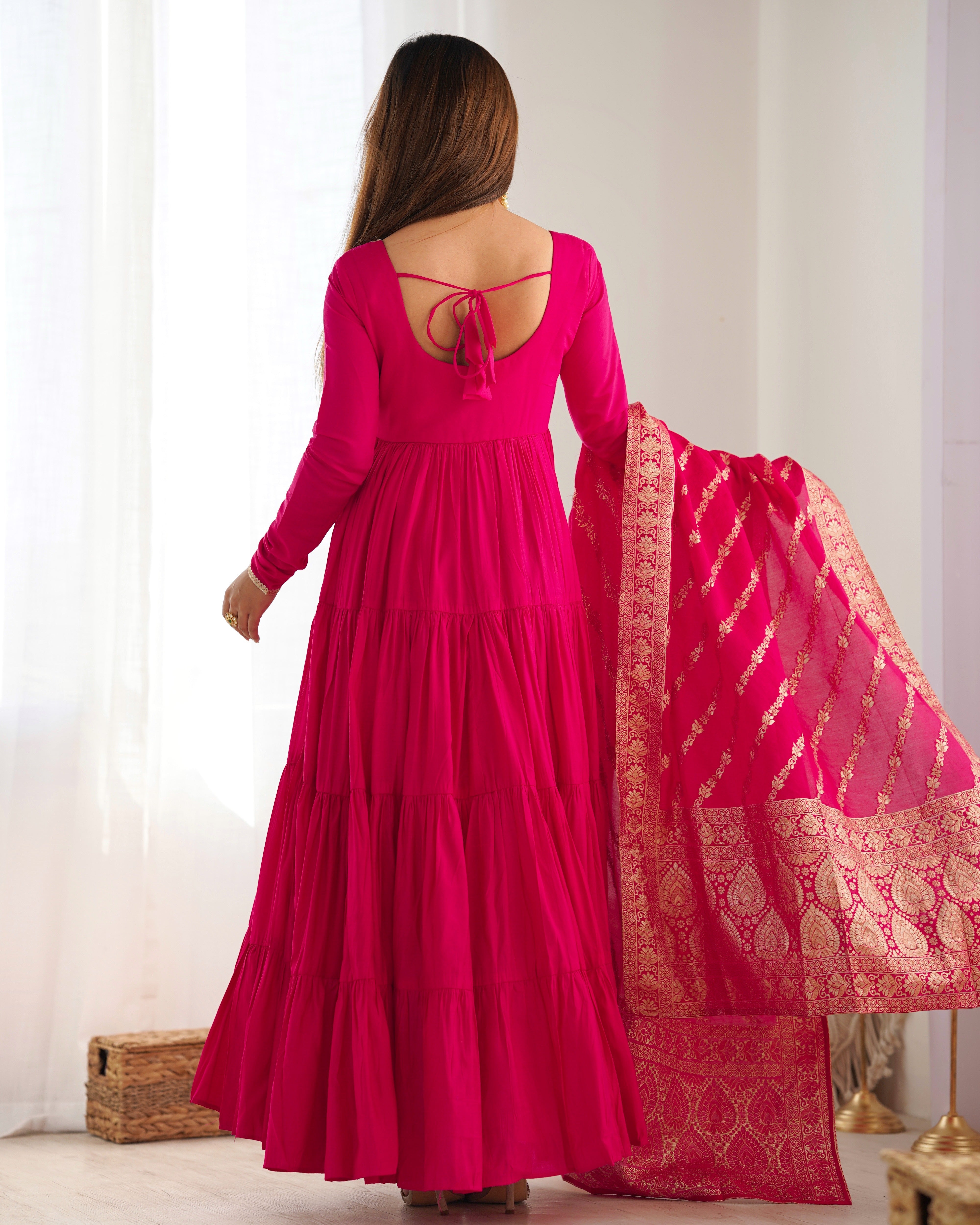 Rani Pink Pure Roman Silk Chanderi Anarkali Suit with Ruffle Flair & Banarasi Dupatta – Festive Wear