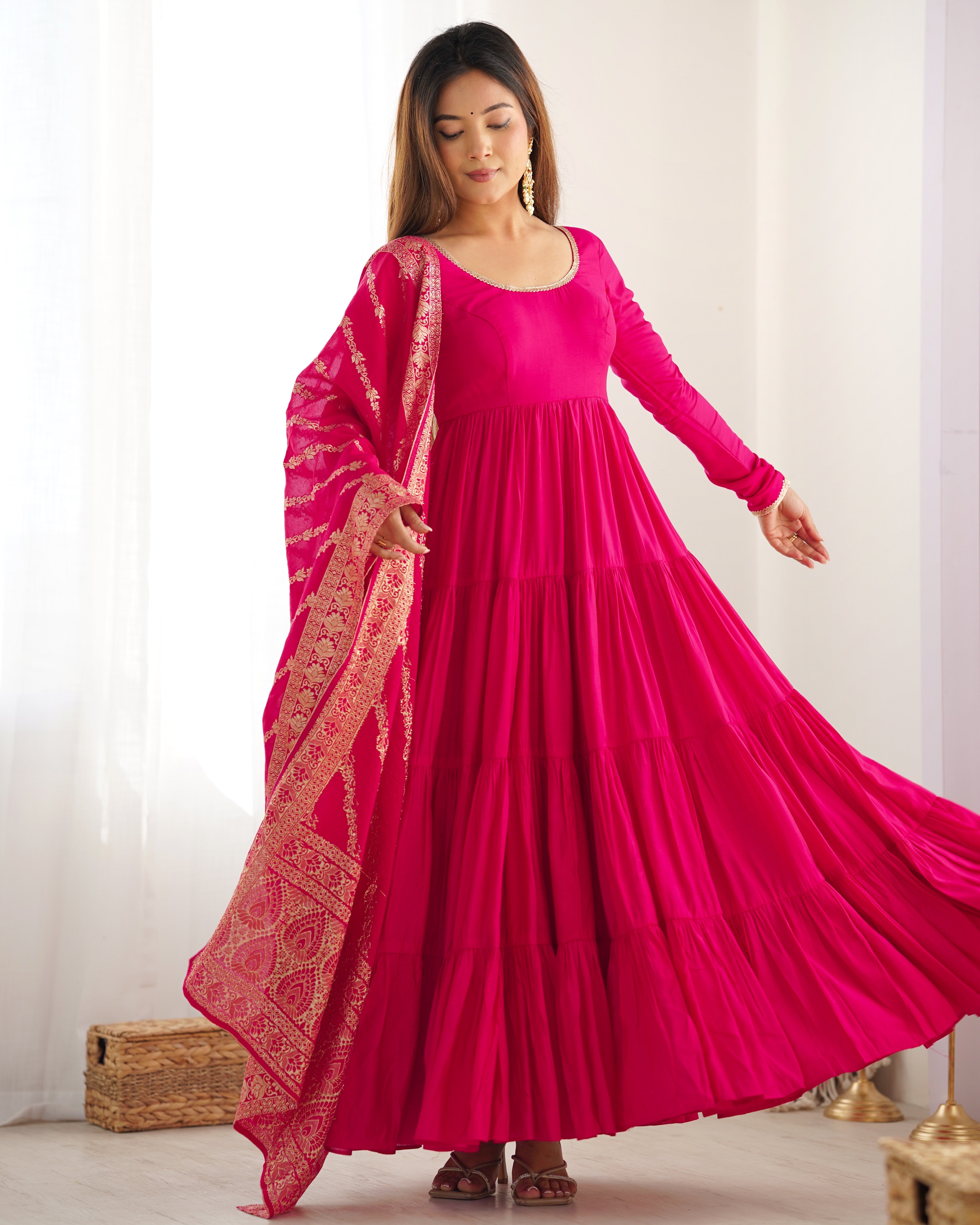 Rani Pink Pure Roman Silk Chanderi Anarkali Suit with Ruffle Flair & Banarasi Dupatta – Festive Wear