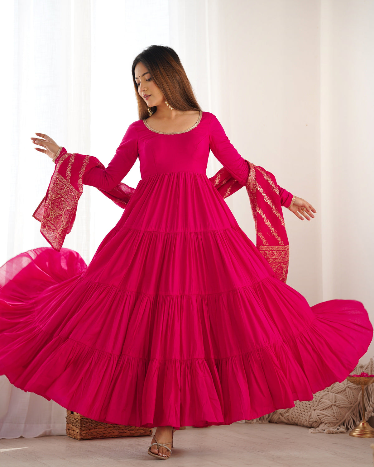 Rani Pink Pure Roman Silk Chanderi Anarkali Suit with Ruffle Flair & Banarasi Dupatta – Festive Wear