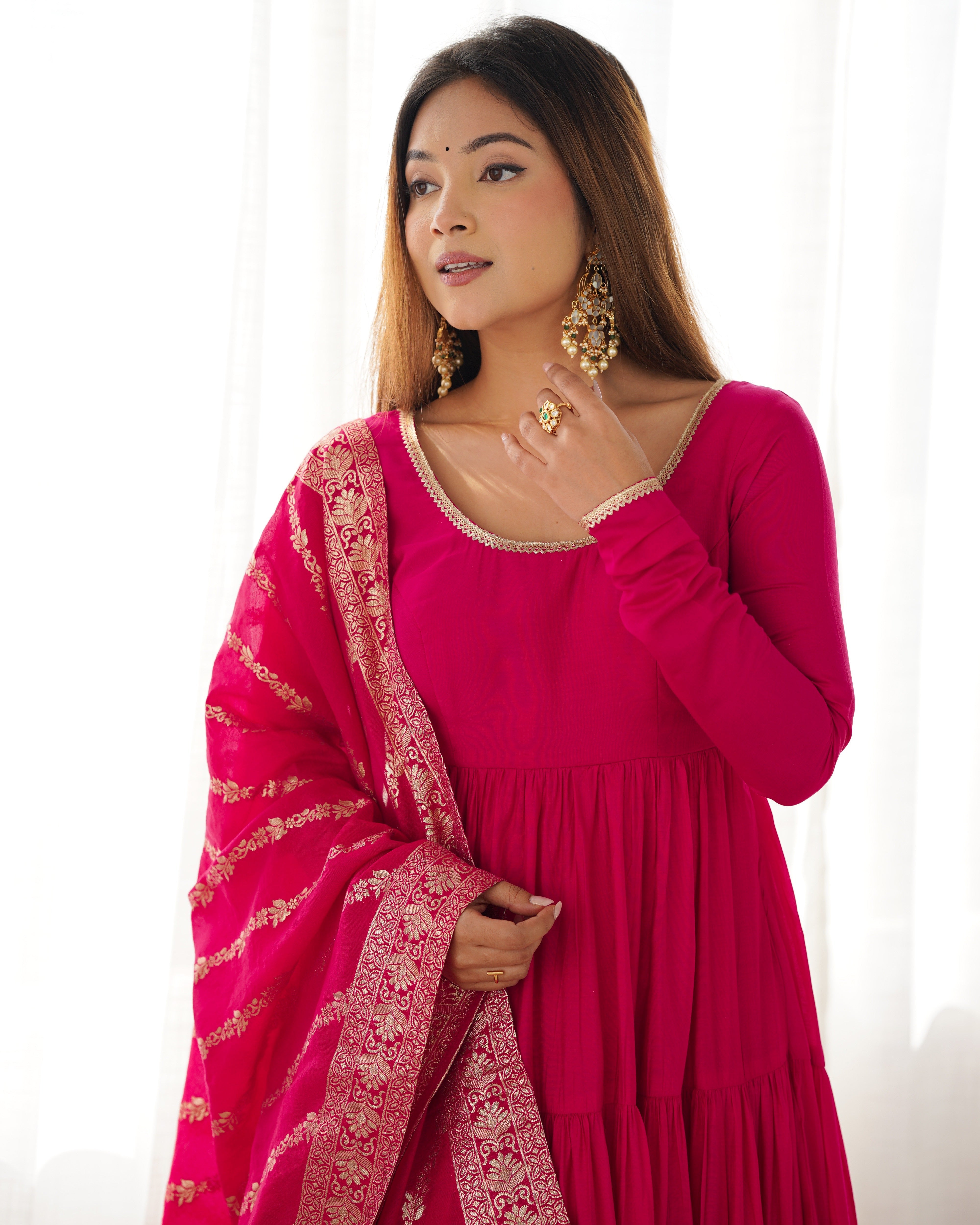 Rani Pink Pure Roman Silk Chanderi Anarkali Suit with Ruffle Flair & Banarasi Dupatta – Festive Wear